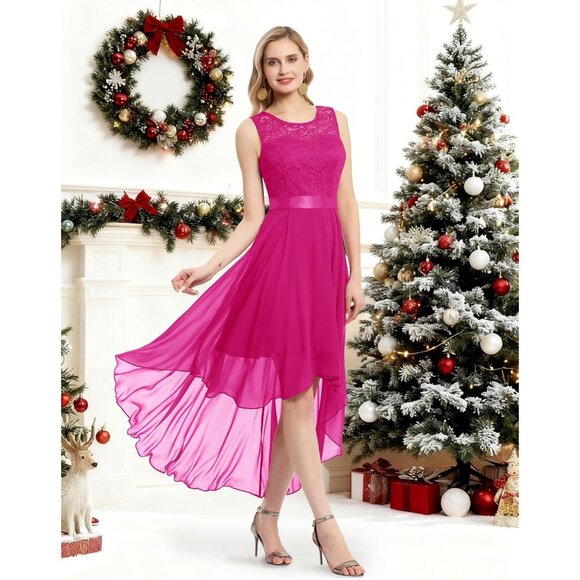 BeryLove Women Rose Chiffon Scoop Neck Sleeveless Lace Cocktail Dresses - Picture 6 of 7